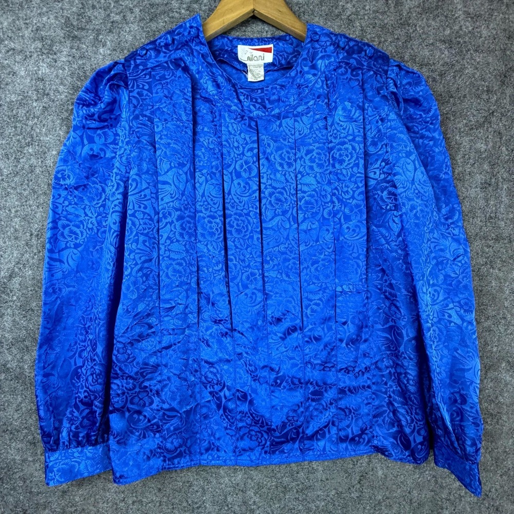 Vintage Nilani Secretary Blouse Womens 8 Blue Floral Pleated Satin‎ Office Siren